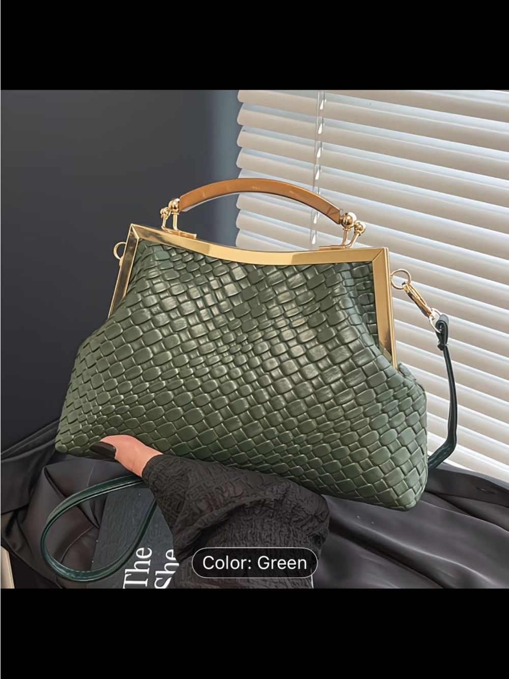 Woven Leather Frame Top Handle Bag in Green
